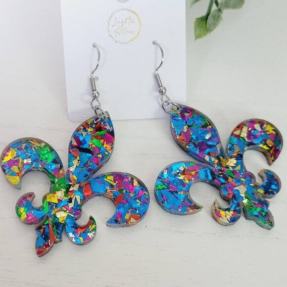 Leighton Allan Wholesale Jewelry - Confetti Mardi Gras Fleur De Lis Dangle Earrings